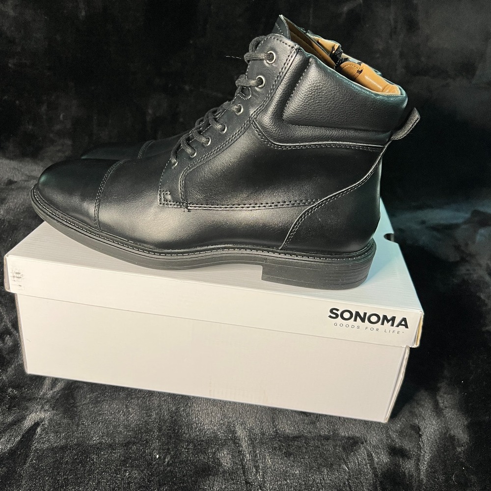 Sonoma‎ Goods For Life Mateyo Mens 11.5 Black Leather Memory Foam Lace-Up Boots